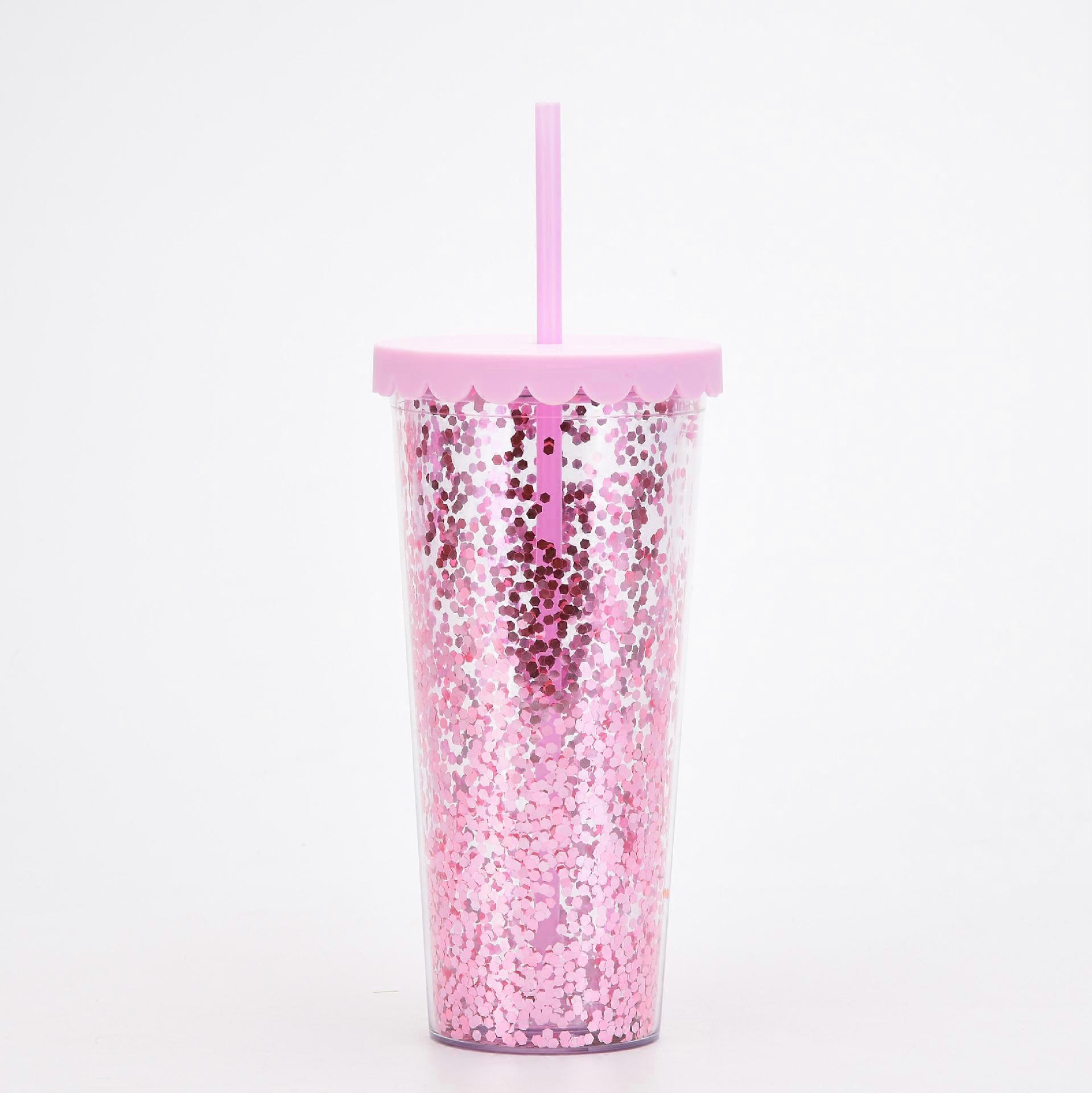 2022 new double-layer plastic cup simple transparent sequin glitter straw cup large-capacity summer water cup