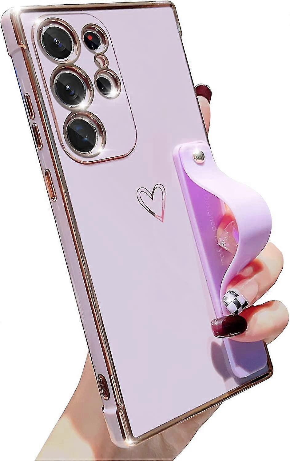 Cute Heart Pattern Tpu Plating Case Compatible With Galaxy S23 Ultra, With Adjustable Wrist Strap