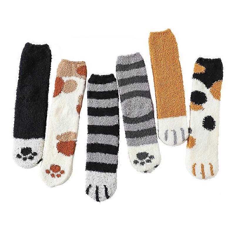 6 par puszystych skarpet, koralowe polarowe skarpetki cat paw dla kobiet, pończochy domowe