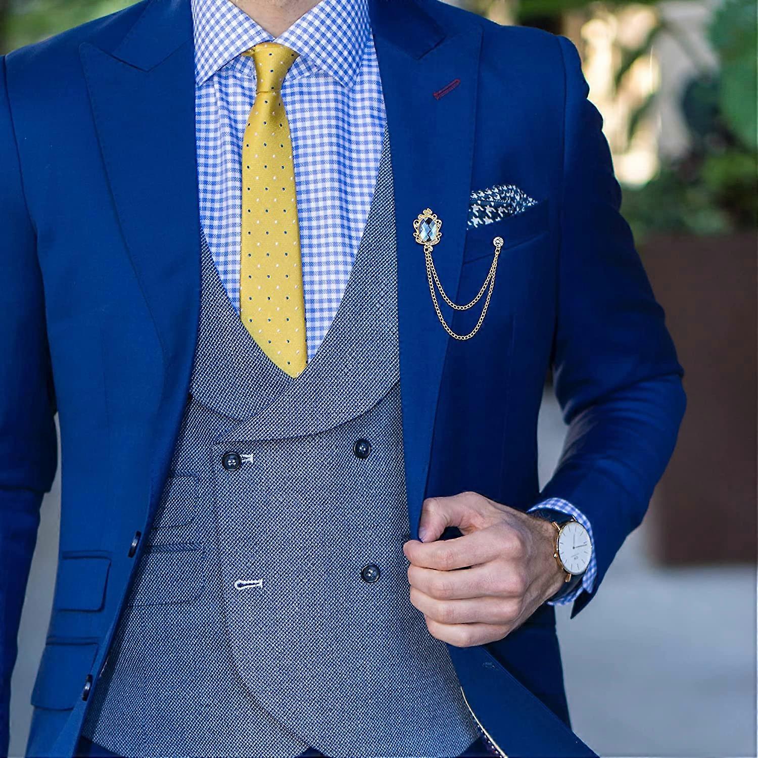 4PCS Gem Brooch Lapel Pin Chain for Men Suit Tassel Collar Chains