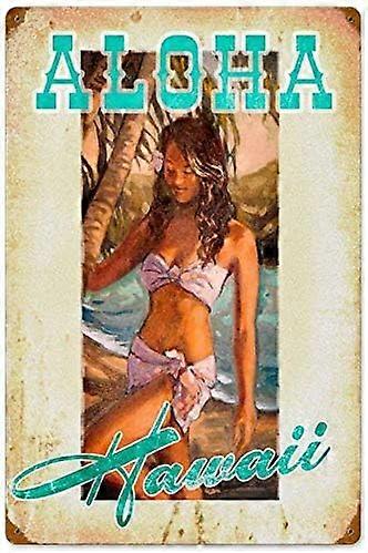 ブリキの看板ビンテージシックなアートデコレーションポスタートロピカルアロハハワイアンガールビーチオーシャンウェイドストアバーホームカフェファームガレージまたはクラブ12 "X 8"