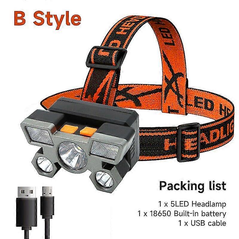 5 Led Flashlight Rechargeable With Built In 18650 Battery Strong Light Camping Adventure Fishing Head Light Headlamp