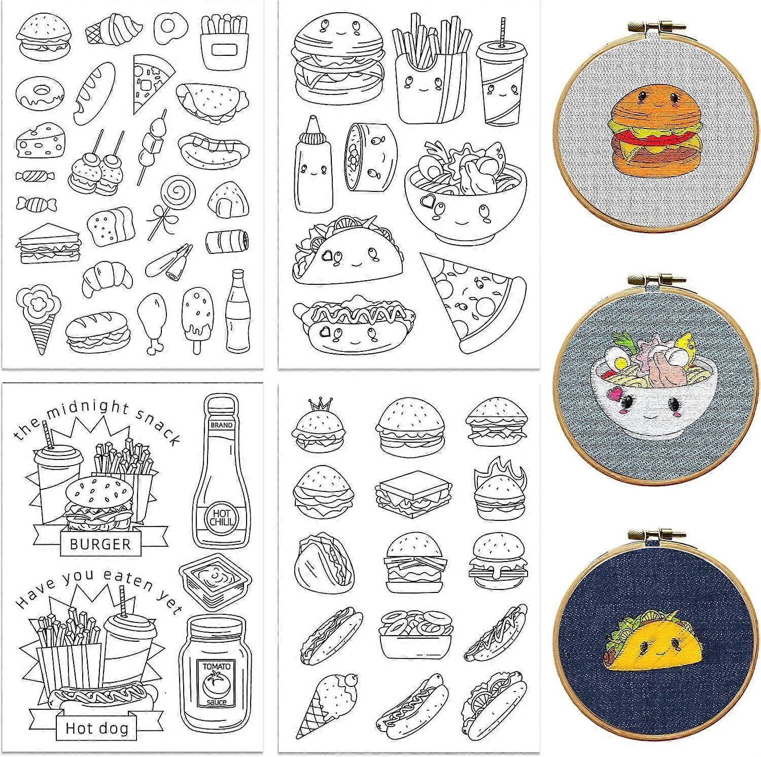 peacoblue Water Soluble Embroidery Patterns for Beginners 4 Sheets with 55pcs Fast Food Burger Patterns Hotdog Wash Away Embroidery Pattern Stabilizer
