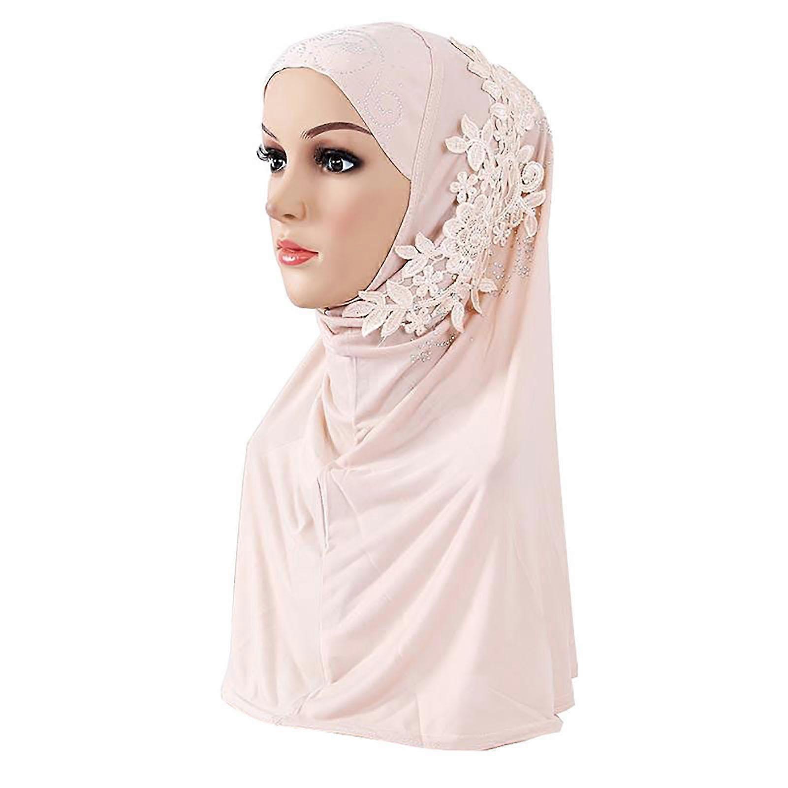 Puntos Lenço Hijab de Renda com Strass e Cor Sólida para Mulheres, Capa para Cabeça