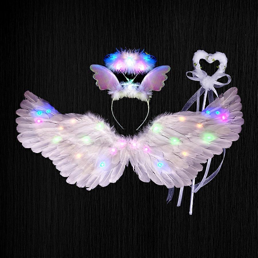 Aprinde aripi de înger, costum de pene albe cu lumini LED