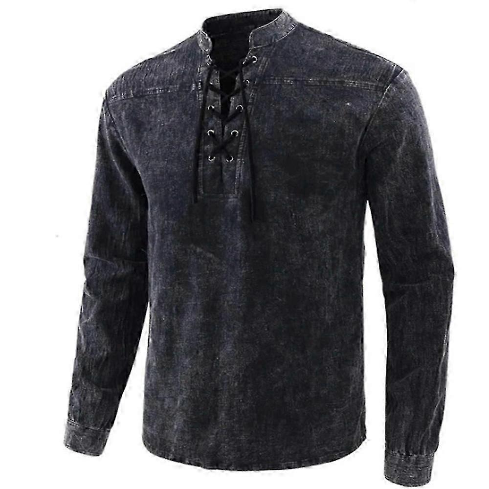 Men Vintage Style Shirt Solid Long Sleeve Casual Drawstring Blouse Tops