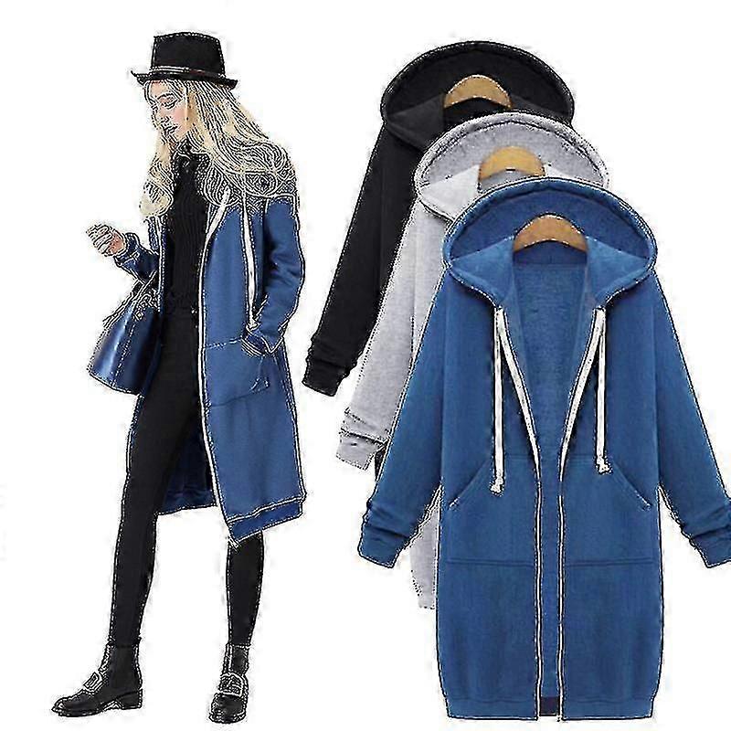 Kvinder afslappet lynlås op fleece hættetrøjer tunika sweatshirt lang jakke yw