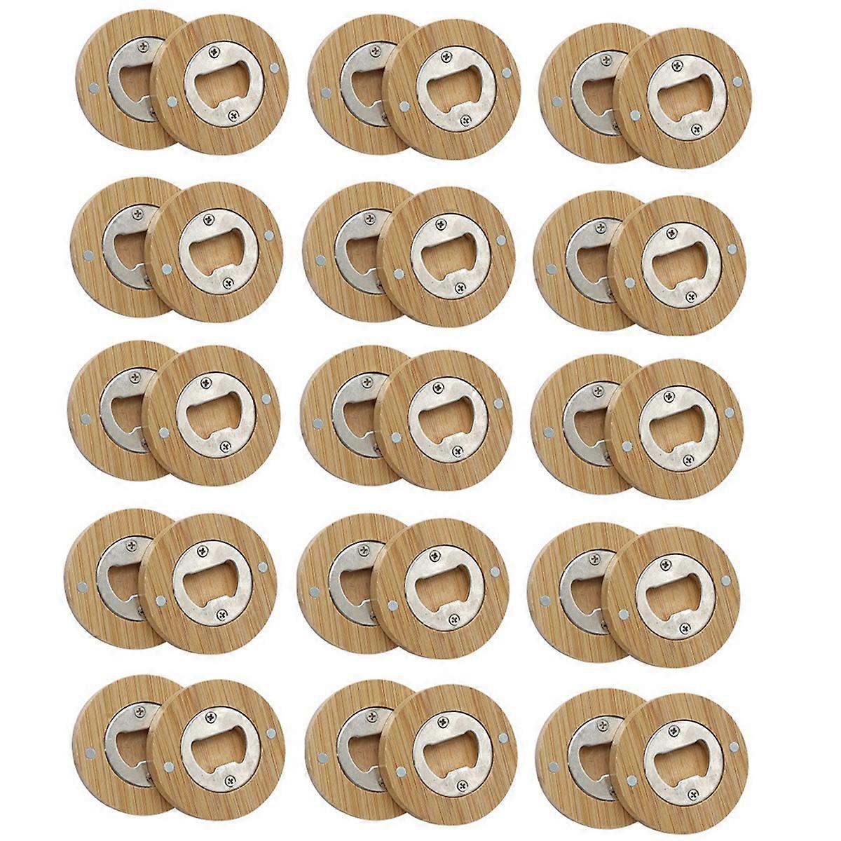 30PCS DIY Bamboo Round Shape Bottle Openers Coaster Fridge Magnet Refrigerator Sticker Bar Decoratio