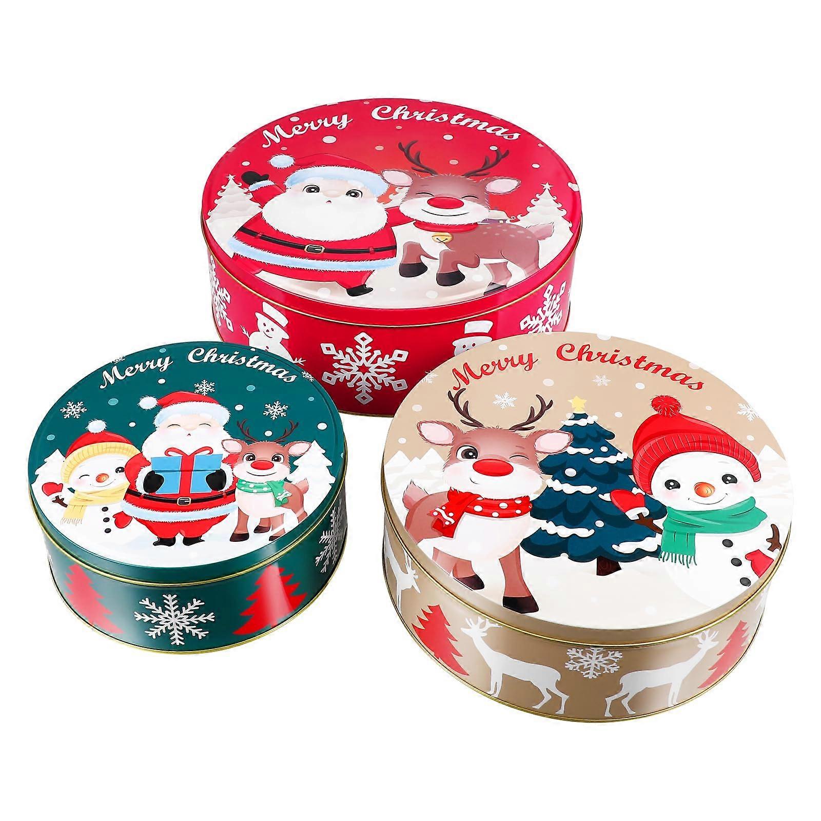 3 Pcs Round Christmas Cookie Tins Set for Storing Biscuits, Treats, and Candies - Metal Storage Containers, Festive Design