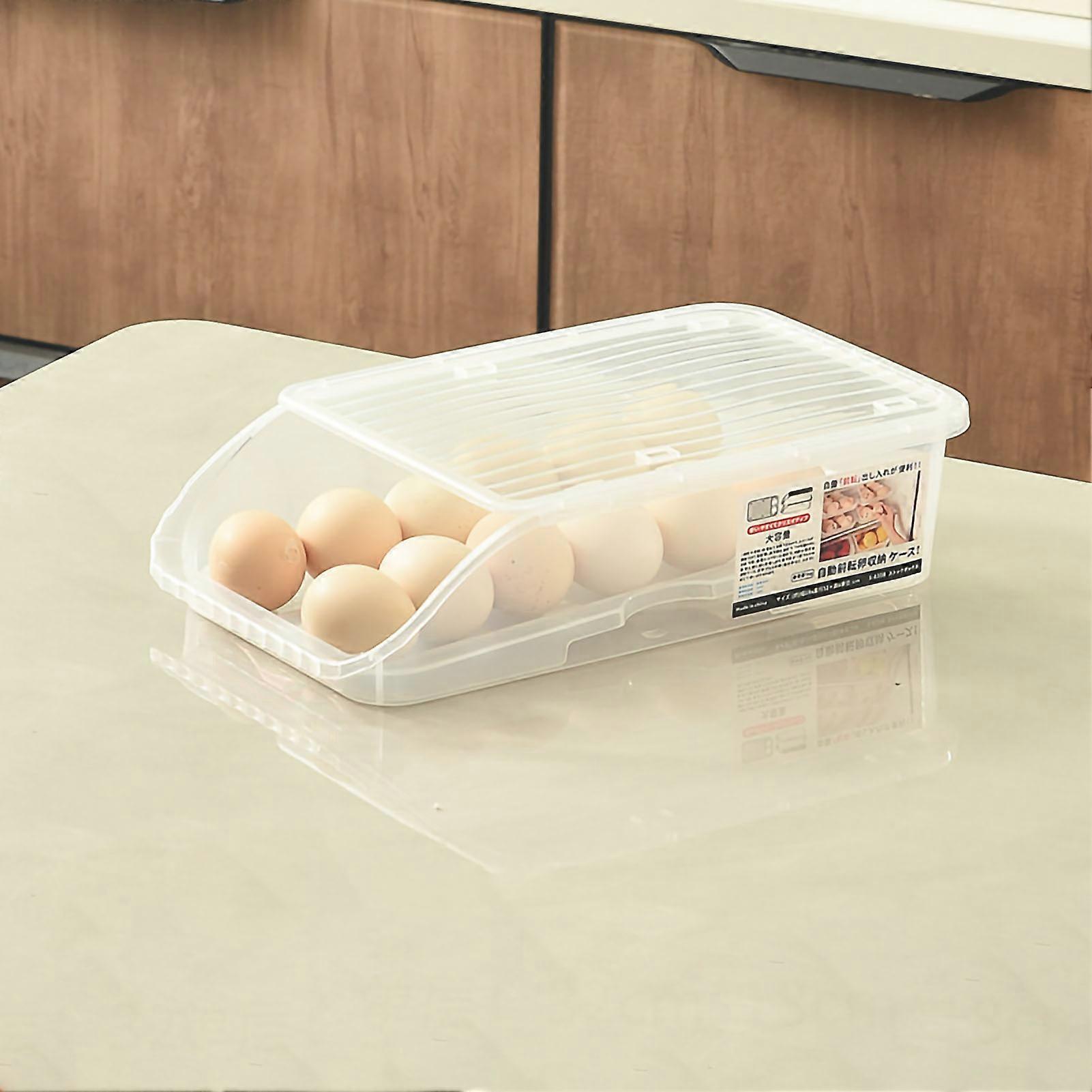 Box Plastic Automatic Rolling Transparent Thickened Grooved Egg Storage Container for Refrigerator Kitchen