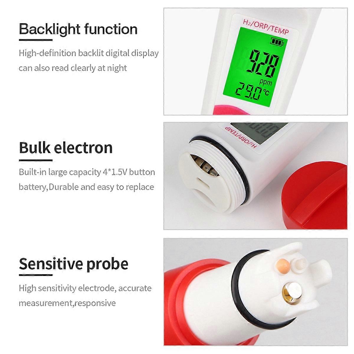 3-in-1 Hydrogen Water Quality Tester H2 Monitor, TEMP & ORP Meter 0-2400PPb for Drinking Water, Aquariums, Spa