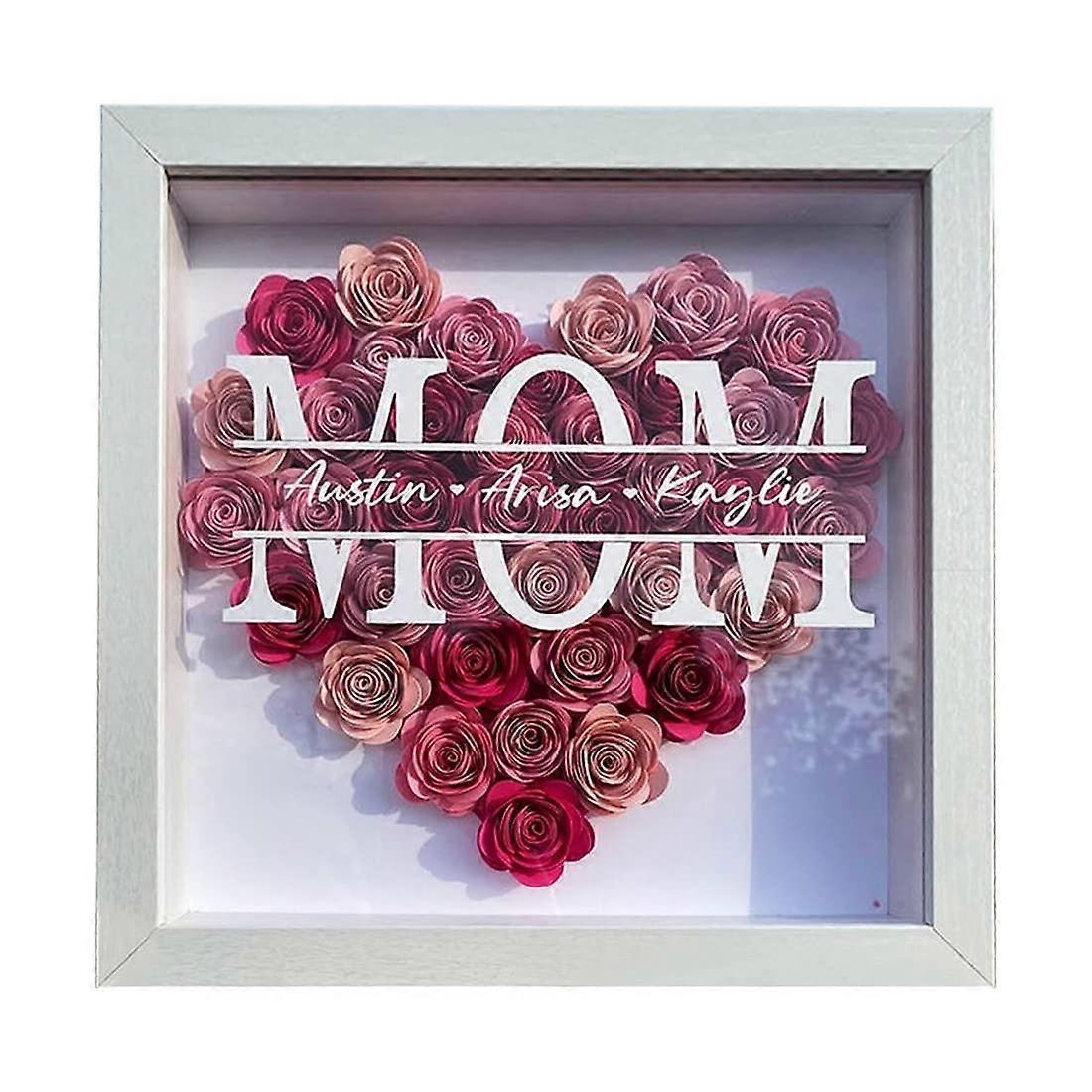 Personalized MOM Flower Shadow Box With Name Custom Monogram Dried Flower Picture Frame Heart Shadow Box Display Case