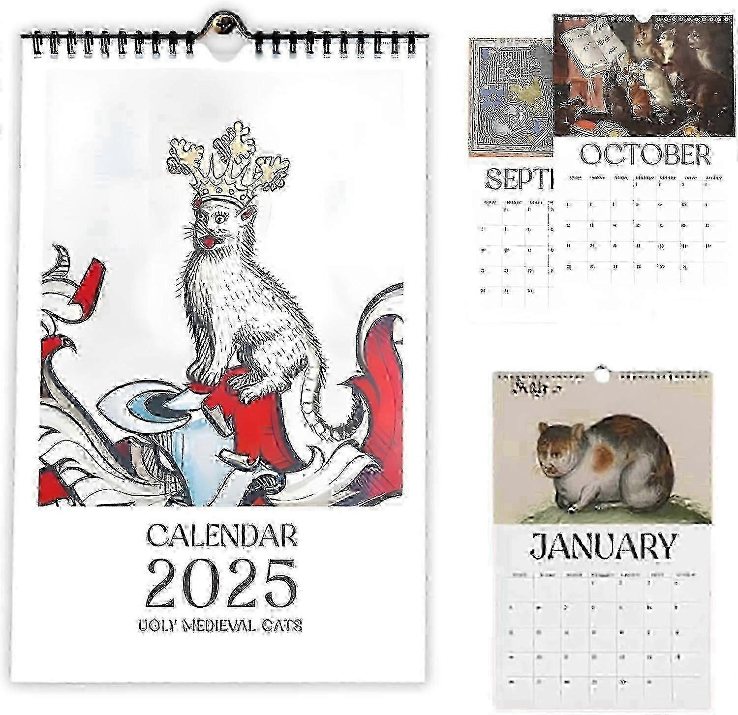 تقويم القطط القبيح في العصور الوسطى 2025 ، تقويم القطط الغريب في العصور الوسطى ، تقويم حائط القطط القبيح ، هدية تقويم القطط لمدة 12 شهرا لمحبي القطط
