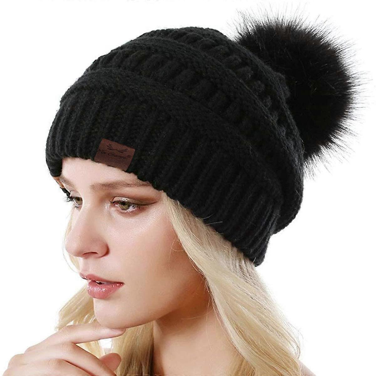 Women's Winter Knitted Hat Faux Fur Pom Pom Beanie with Drawstring Soft Warm Ski Cap A01