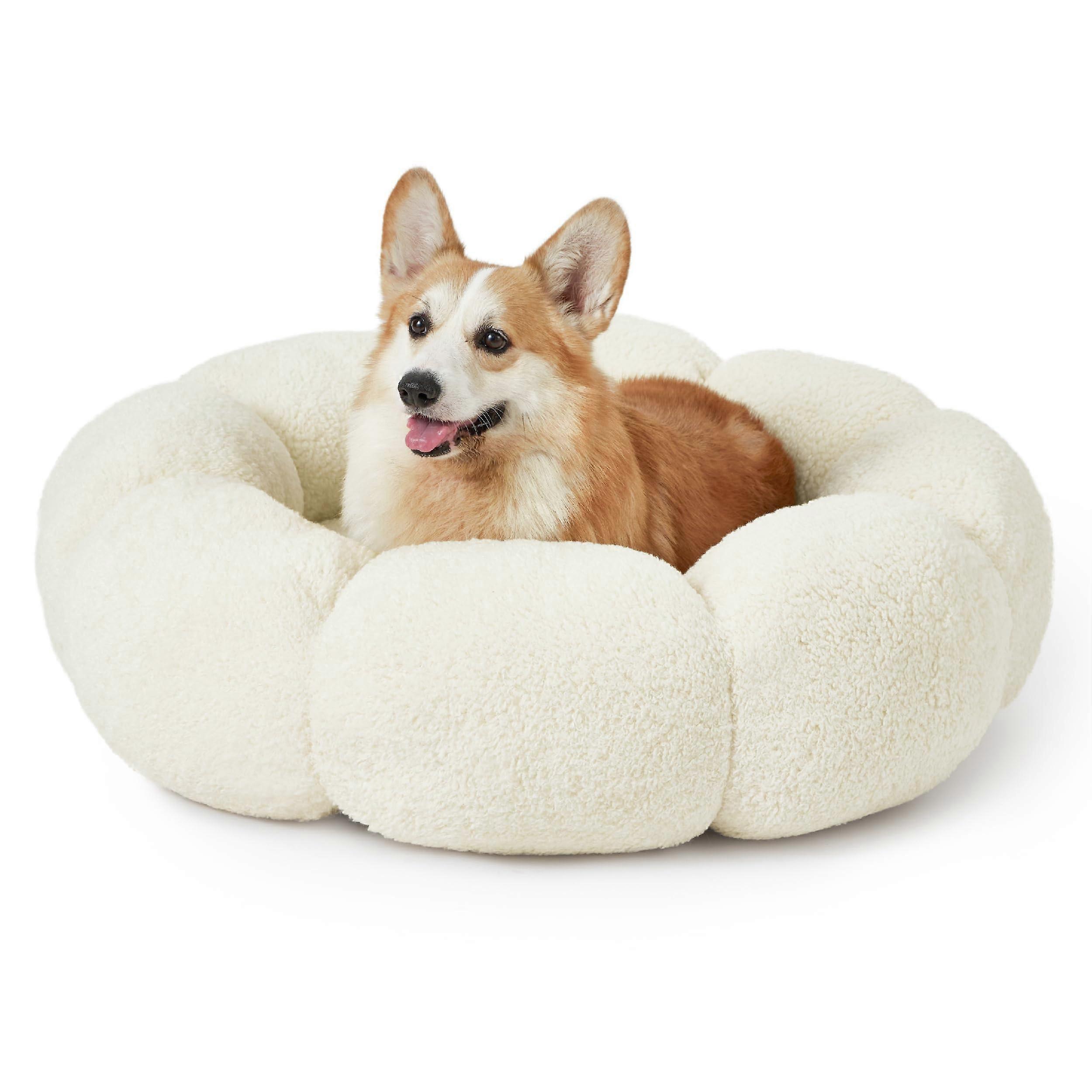 Calming Large Dog Bed Flower Donut Round Fluffy Puppy Bed in Plush Teddy Sherpa, Cream 36''