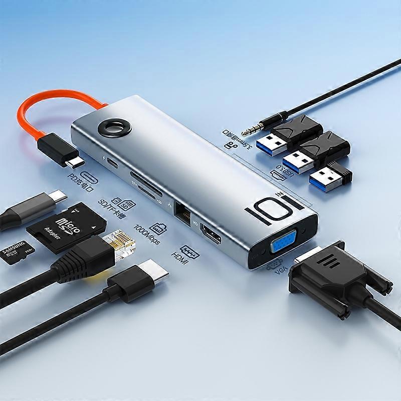 ROCK TR30 Da Tipo C A HDMI VGA Audio USB 3.0 SDTF LAN Multi Splitter Adattatore 10 in 1 PD Docking Station HUB (argento nero)