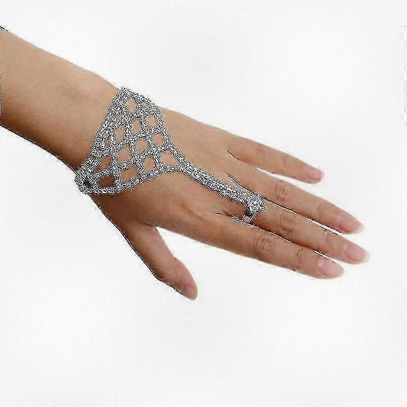 Rhinestone Cuff Bracelet for Fashionable Girls with Stylish Finger Ring Attachment