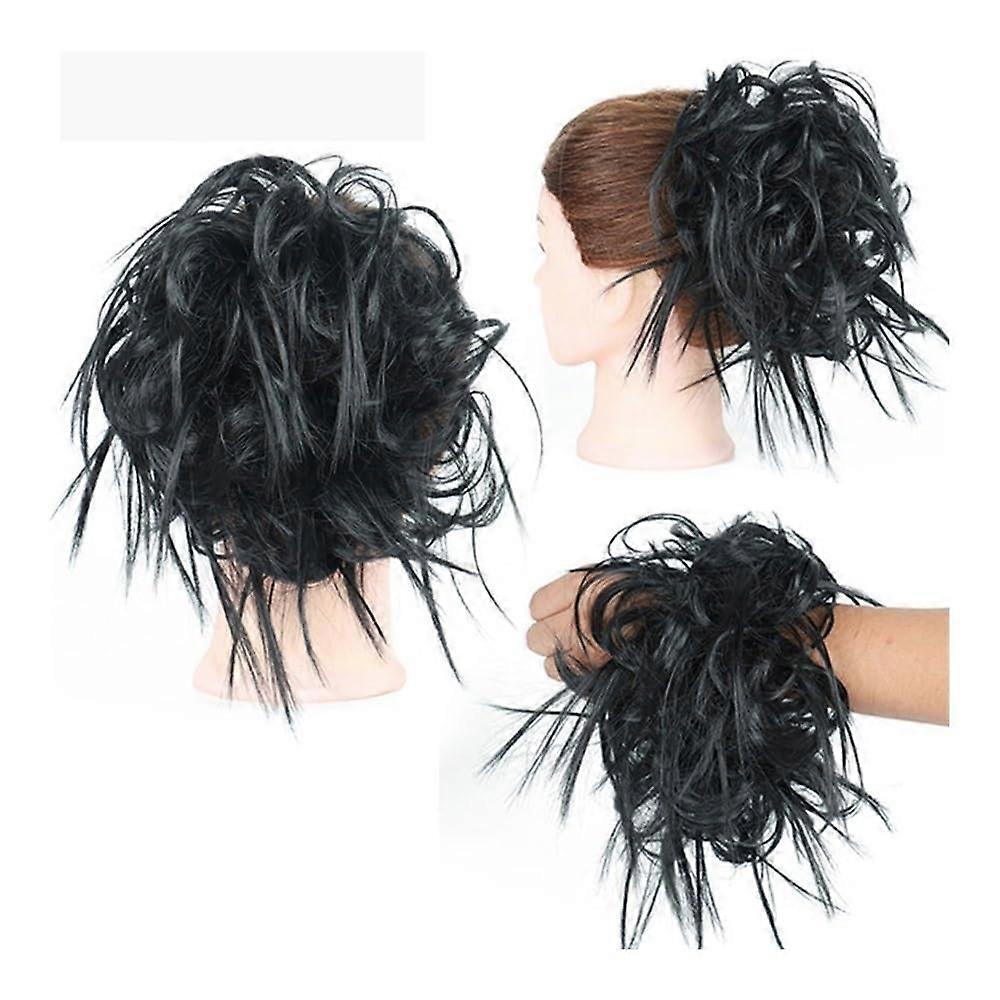 Hair Bun Short Curly Chignon Hairpieces With Elastic Band, Clip-In Ponytail, Synthetic Scrunchie Included, Black