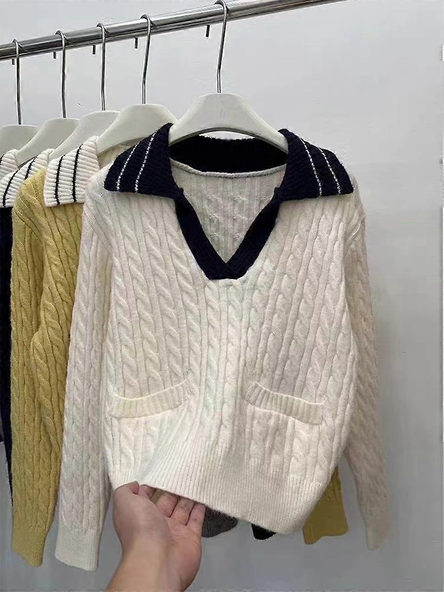 Color Block Lapel Long Sleeve Knitted Women's Loose Pullover Sweater