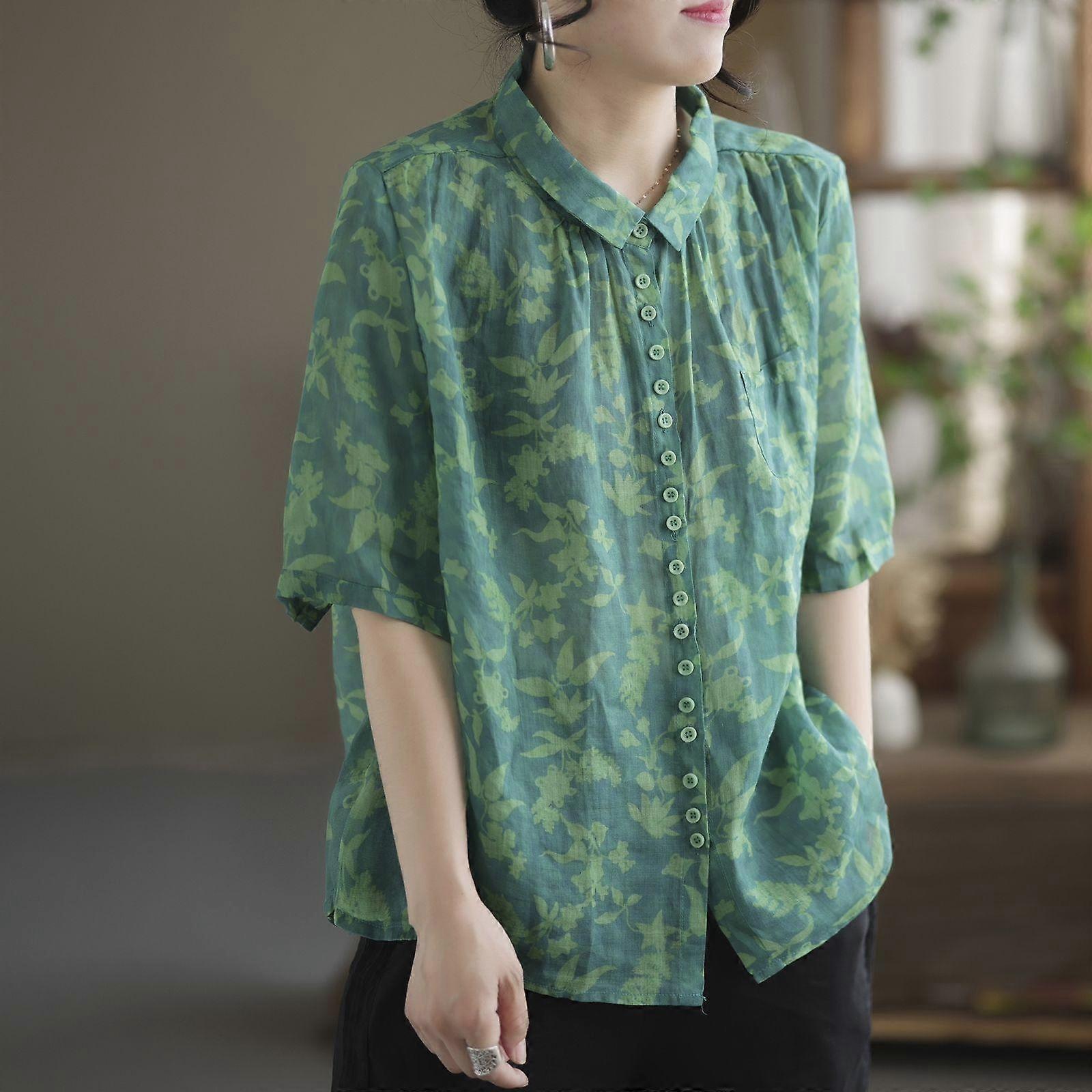 Retro Printed Short-sleeved Shirt Women's Loose Temperament Is Thin and Age-reducing Casual Top