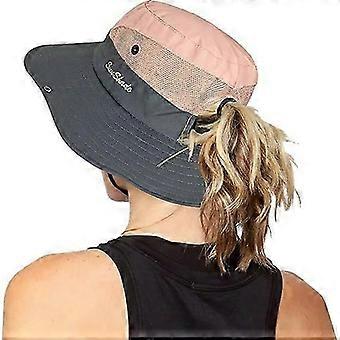 Women's Outdoor UV-Protection-Foldable Sun-Hats Mesh Wide-Brim Beach Fishing Hat with Ponytail-Hole