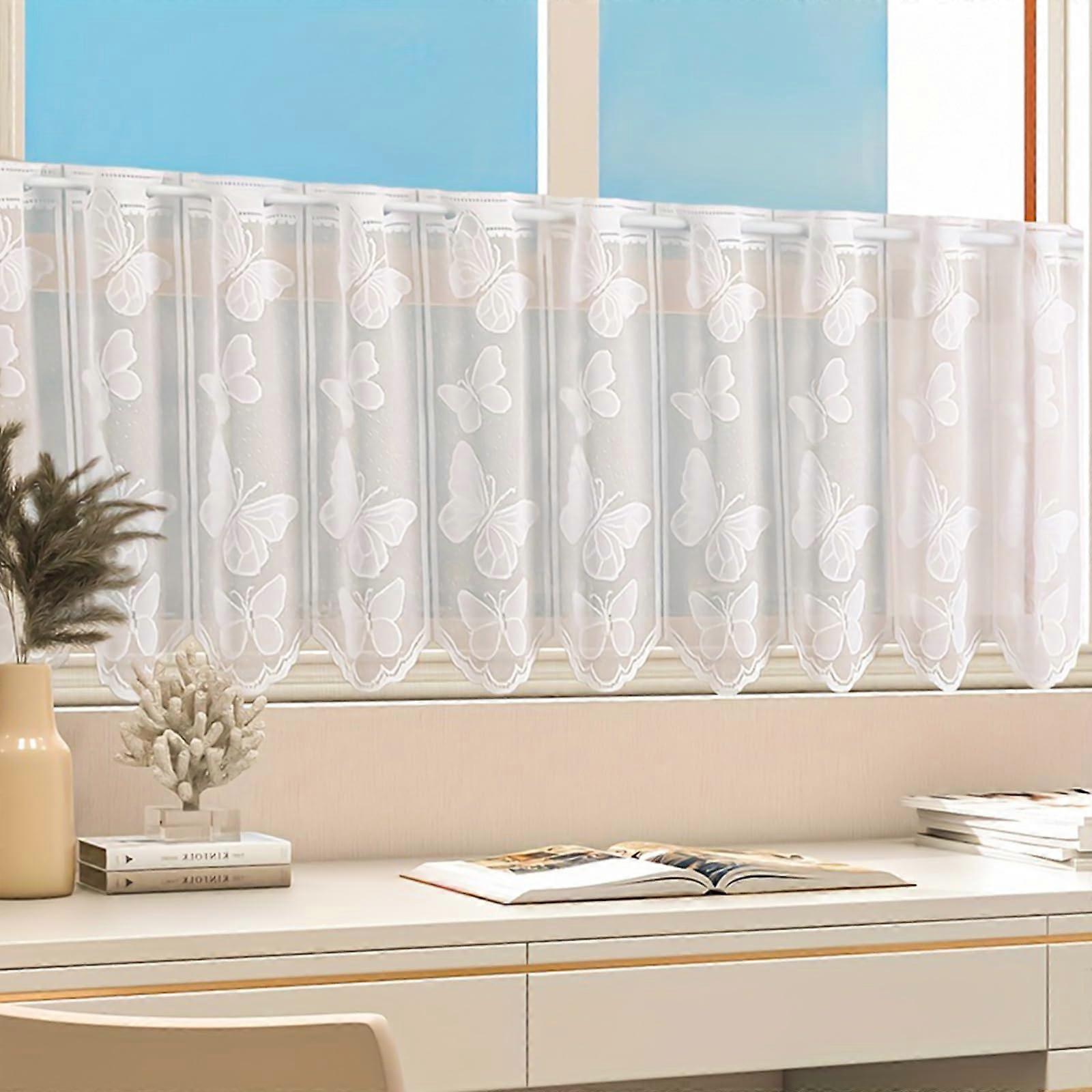 Net Curtain Short Kitchen Curtains 150x40 CM White Eyelets Jacquard Butterfly Semi-Transparent Curved-Edge Pack