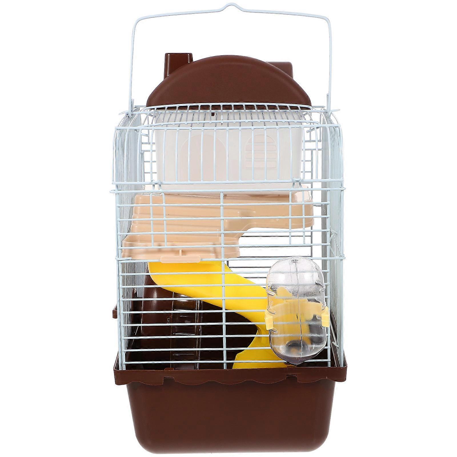 Durable Double Layer Hamster Cage with Running Wheel and Water Jug for Pet Use Brown PP and Iron