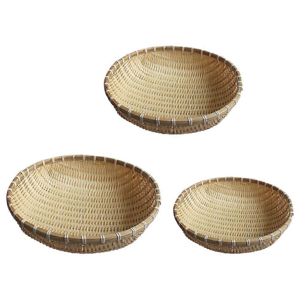 3pcs Bamboo Woven Trays for Bread Serving and Vegetable Draining Baskets