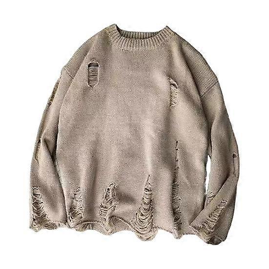Men Fall Winter Sweater Ripped Hole Solid Color Round Neck Knitted Retro Japanese Style Mid Length Loose Long Sleeve Soft Warm Pullover Men Sweater