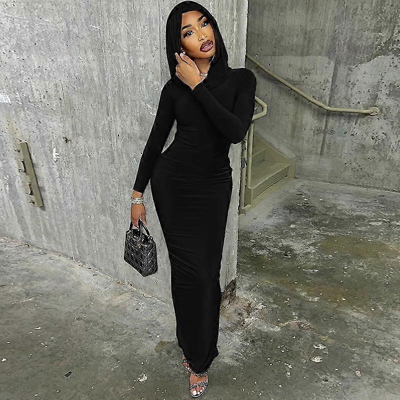 Hooded Long Sleeve Bodycon Maxi Dress Fashion Tight Casual T-shirt Dress  Autumn Winter Long Dress Black Grey | Fruugo IE