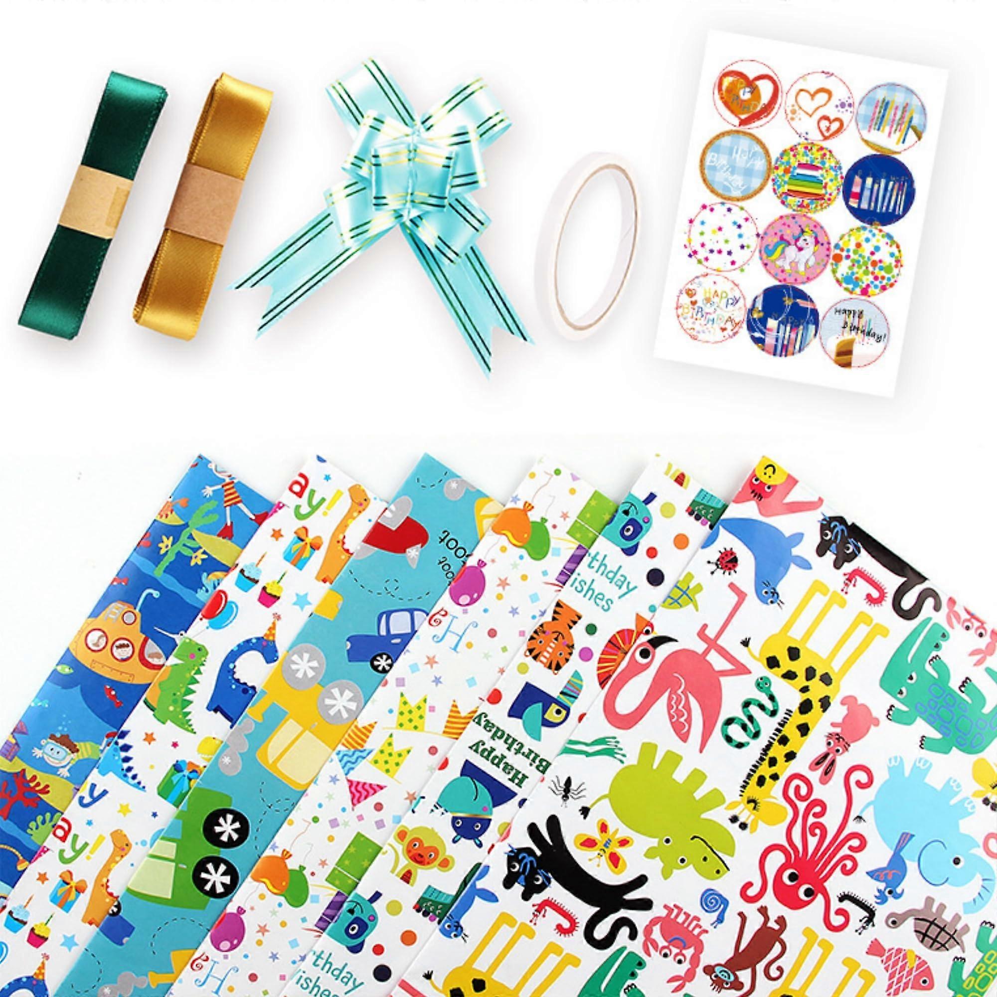 Neutral Gift Wrapping Paper, 6 Colourful Wrapping Paper with Ribbons and Tape