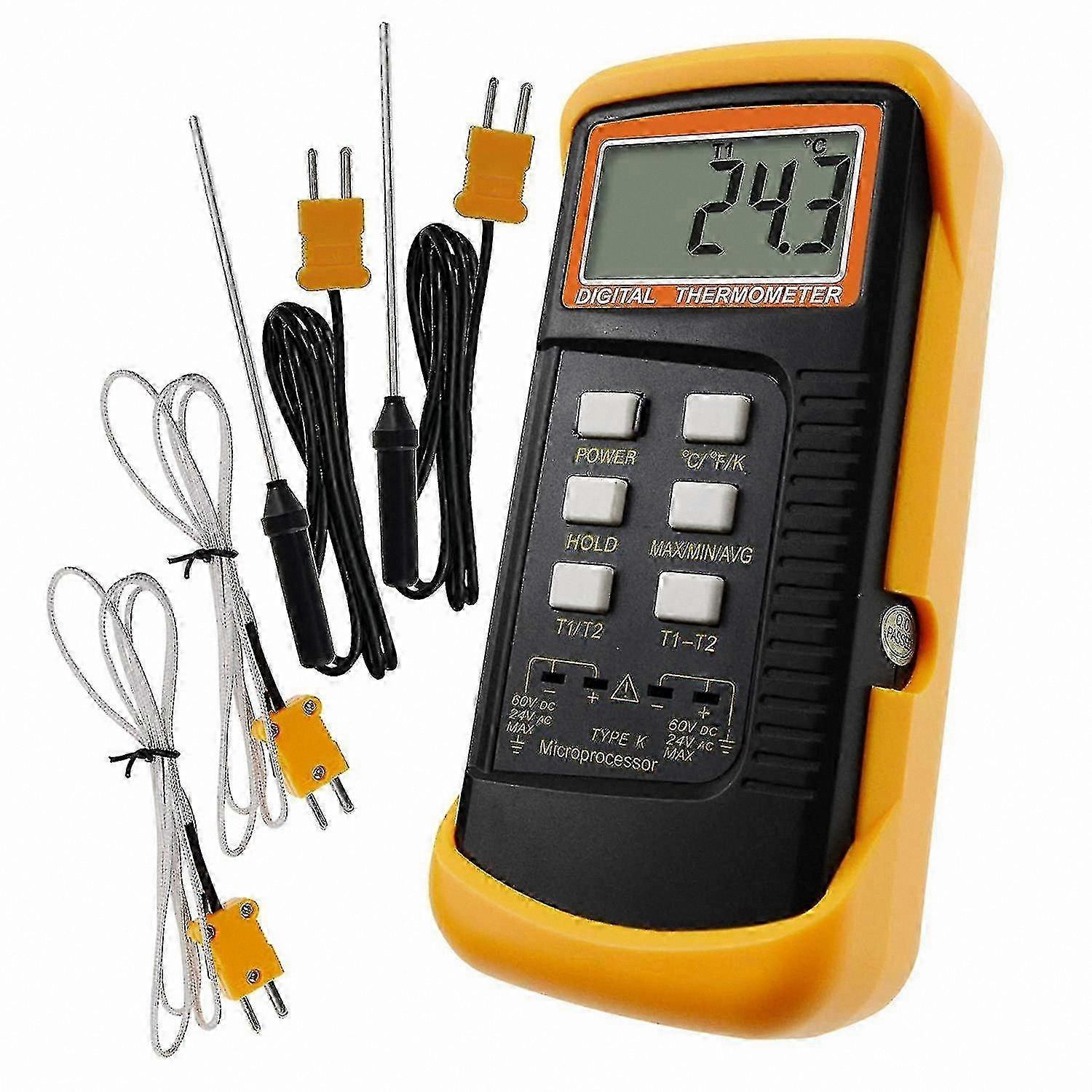 High-Temperature Thermometer with 1300°C Sensor, Celsius, Fahrenheit, Kelvin, 4 Thermocouples, Stainless Steel Wired Probes