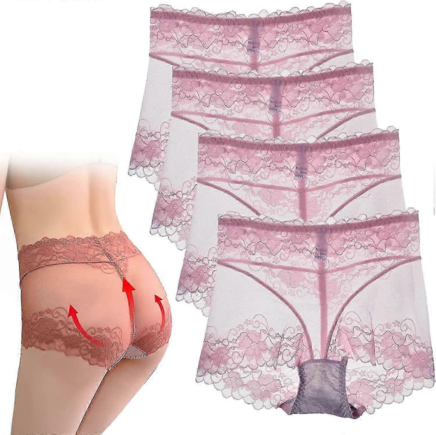 4pcs Mesh See Through Tummy Tucking Hips Lifting Panties,Womens Sexy Lace Panties High Waisted Plus Size Ladies Brief