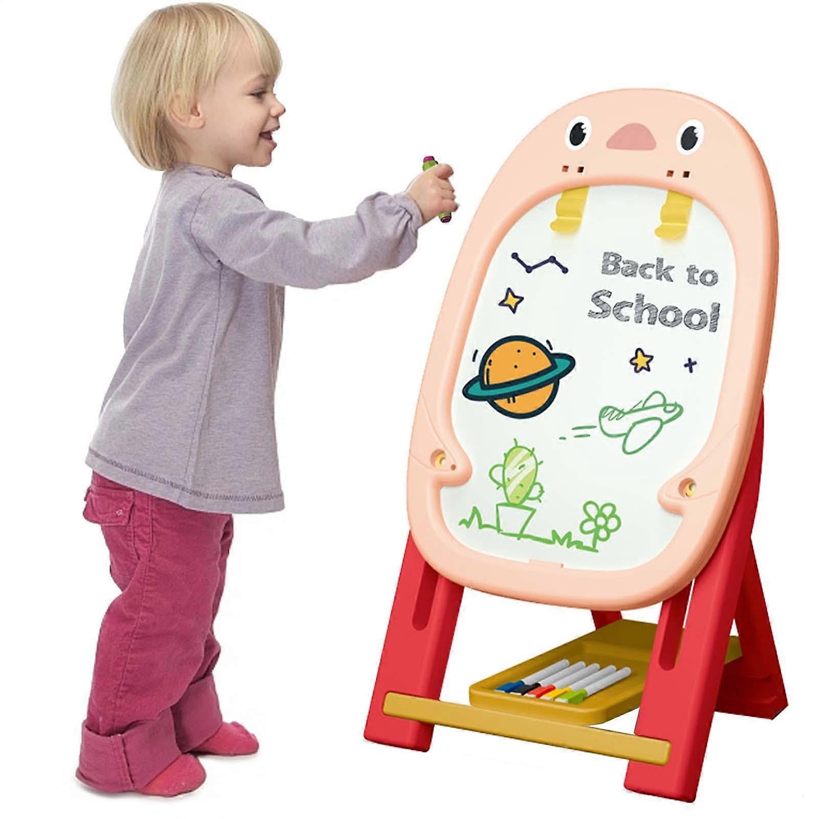 Kids Art Easel With Chalkboard, Portable Standing Easel For Toddlers, Includes Painting Accessories, Pink