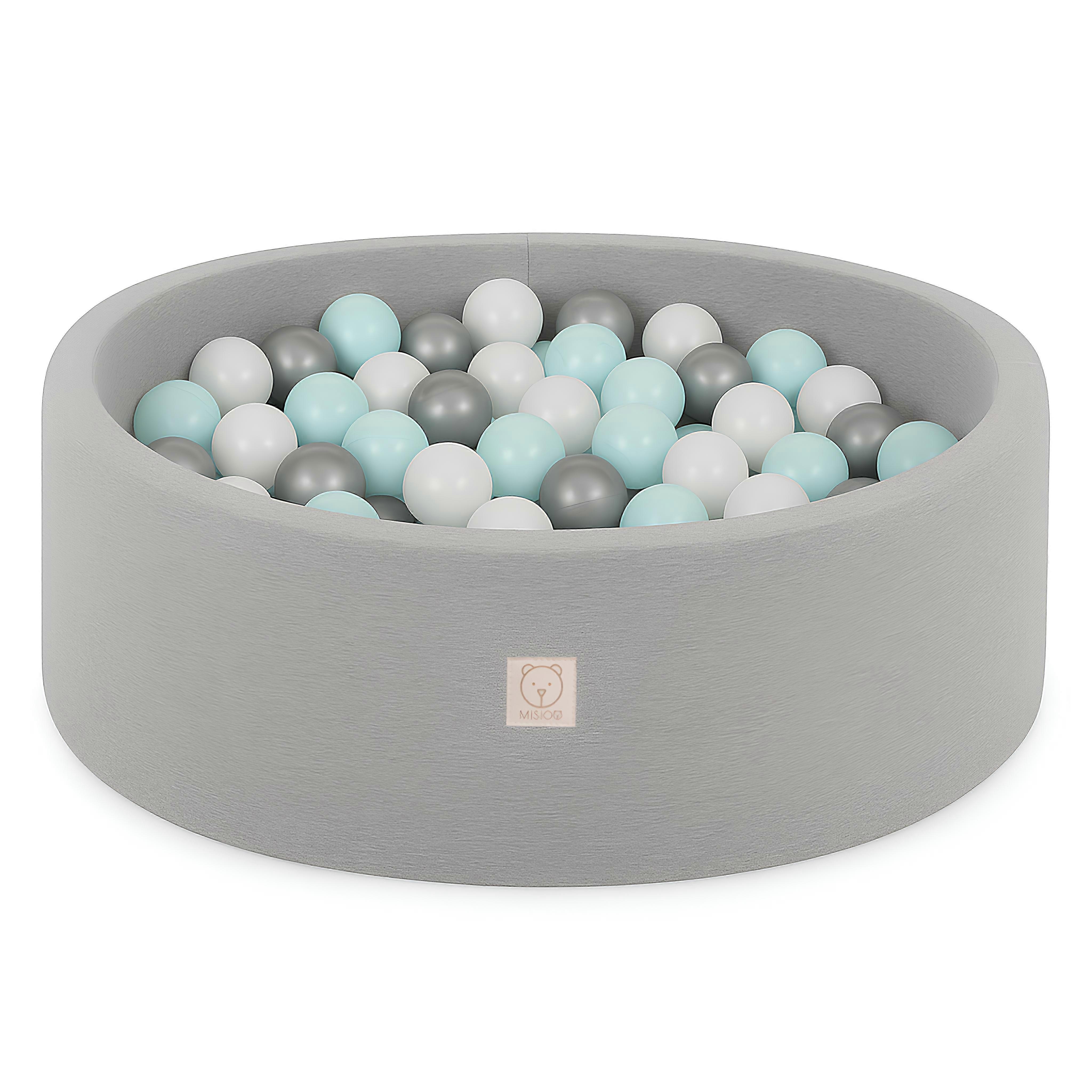 Ball Pool Round 90×30 Light Grey Cotton, 200 Balls (Mint/Silver/White) – MISIOO