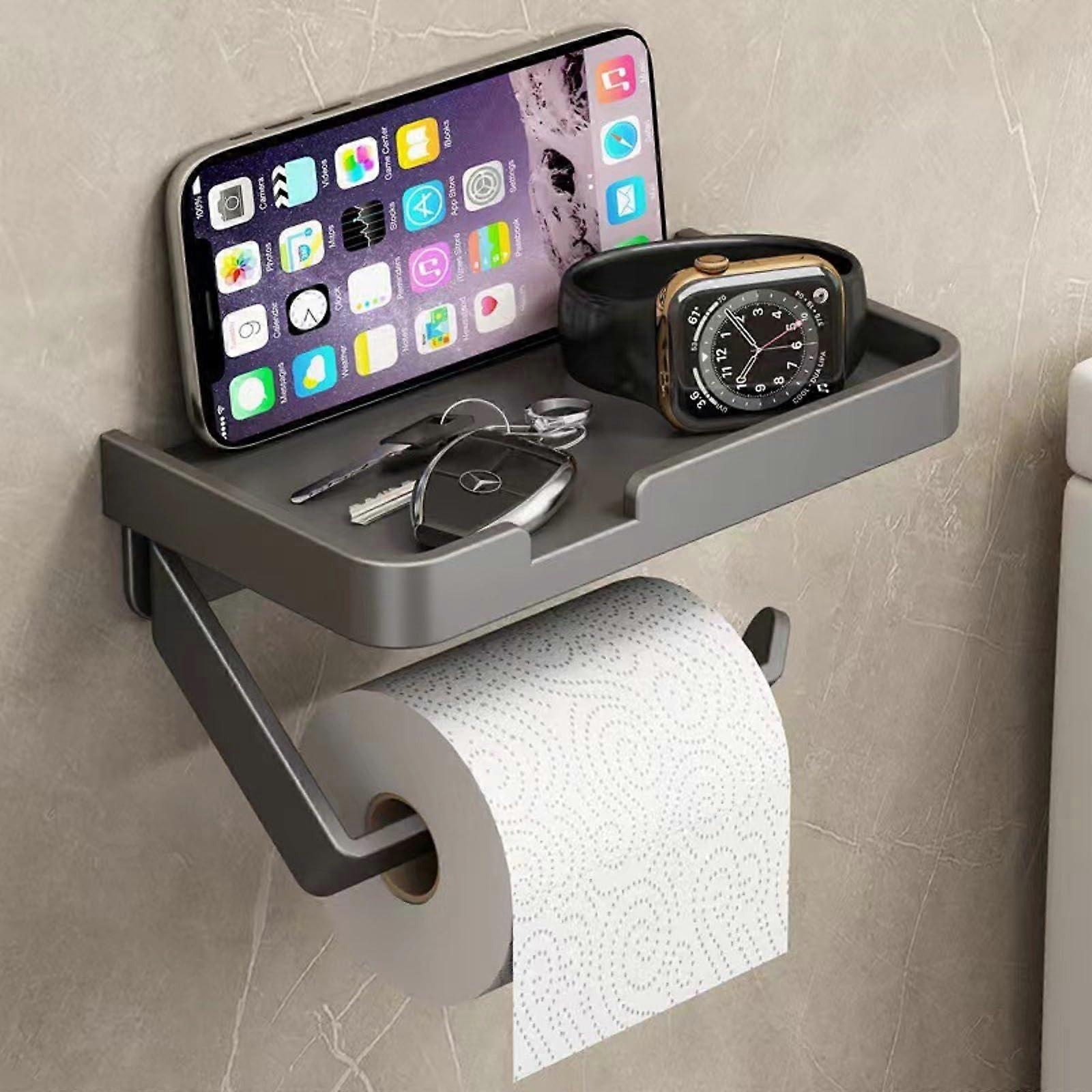 Toilet Paper Holder Self-Adhesive With Shelf, Metal, Holds Standard Rolls, Black