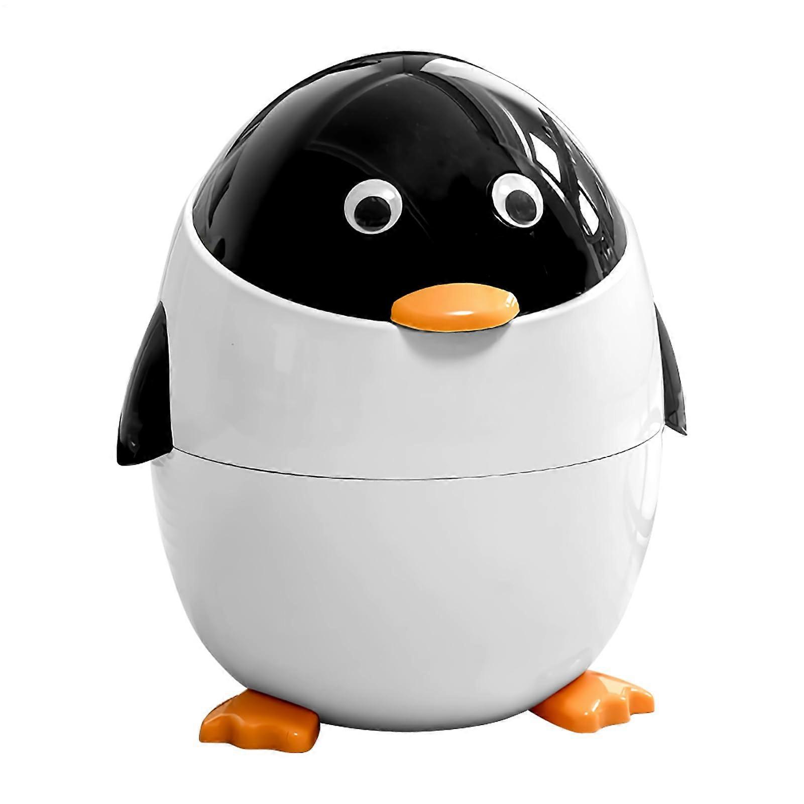 Bathroom Trash Can - Penguin Garbage Bin for Under Desk, Compact Waste Basket in Black and White for Home and Office Use