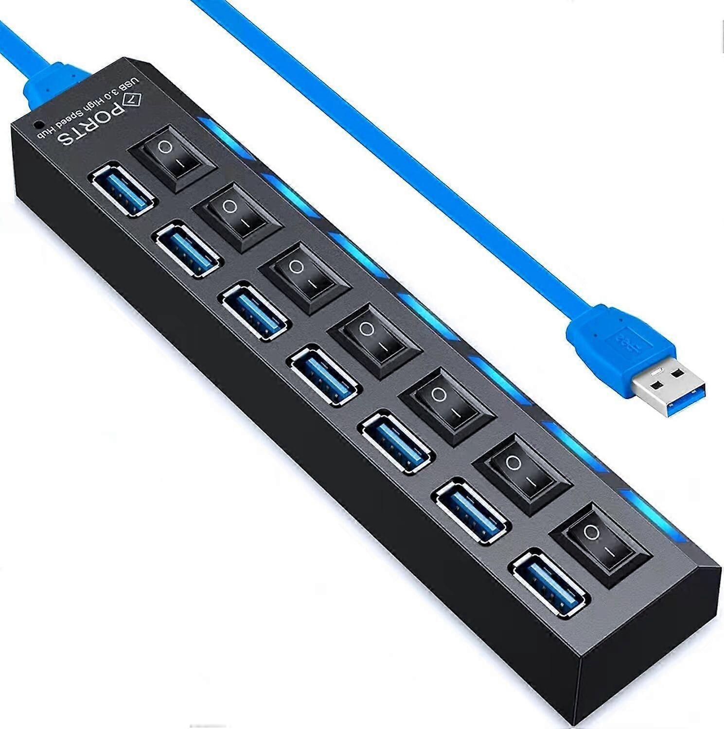 USB Hub 3.0, 7-Port USB Extender Splitter with Individual LED ON/Off Switches, USB3.0 Hub for Laptop(Black)