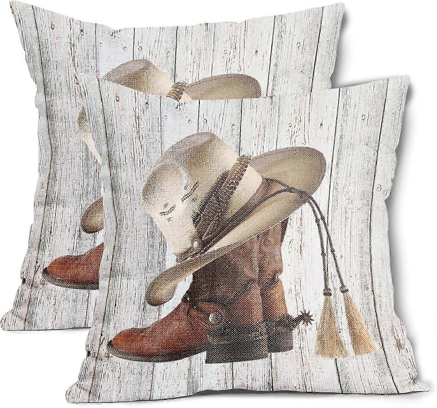 Western Cowboy Hat Boots Pillow Covers 16x16 Inch Farmhouse Rustic Grey Wooden Cotton Linen Decorative Throw Pillow Case Cushion Cover Set of 2 for Be