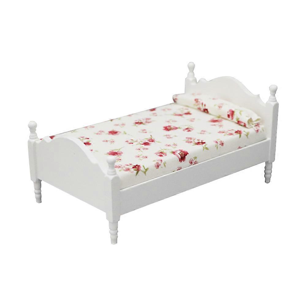 Mini Double Bed Mini Furnishing Adornment for Decor White Wood Material