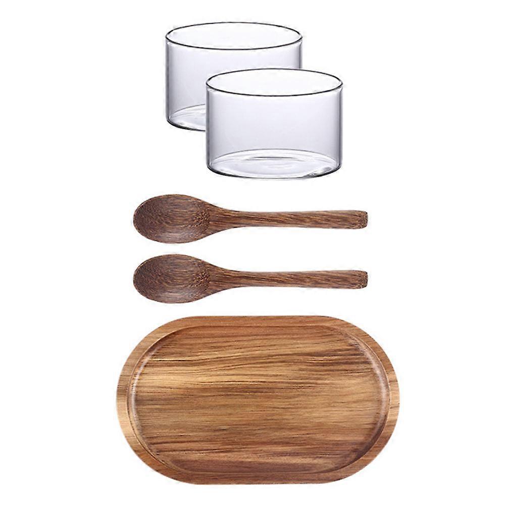 Dessert Serving Tray Japanese Style Wooden Plate with Spoons Cups 3Sets