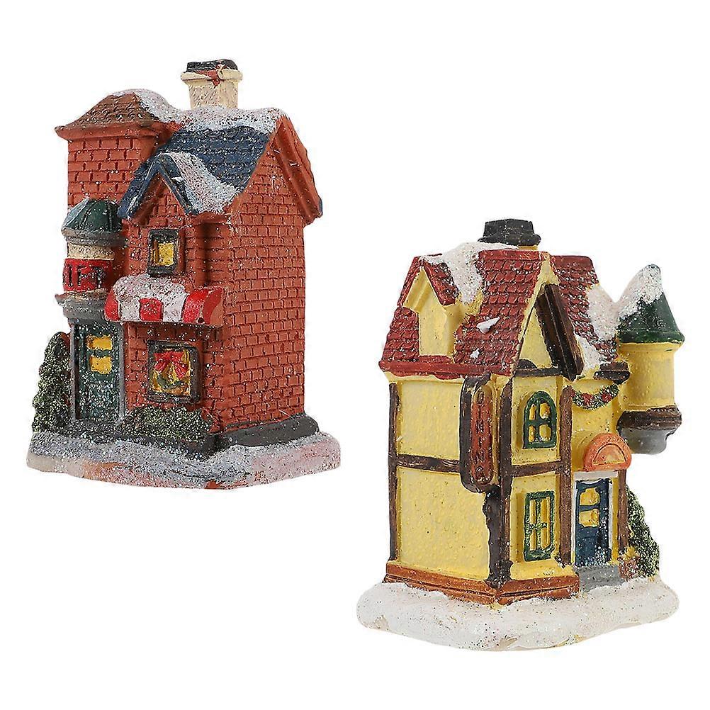 Mini Resin House Ornament for Xmas Party Adornment 2Pcs Set