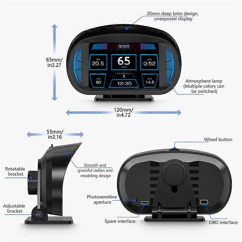 P2 Car HUD Head-Up Display OBD GPS Vehicle Speed and Gradient Meter