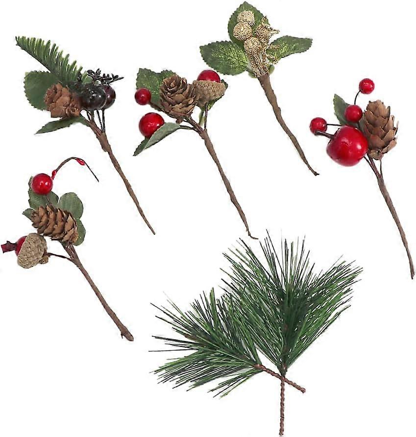 7PCS Christmas Artificial Pine Branches Evergreen Branch Berries Décor Artificial Pine Branch Pine Needle Decorations