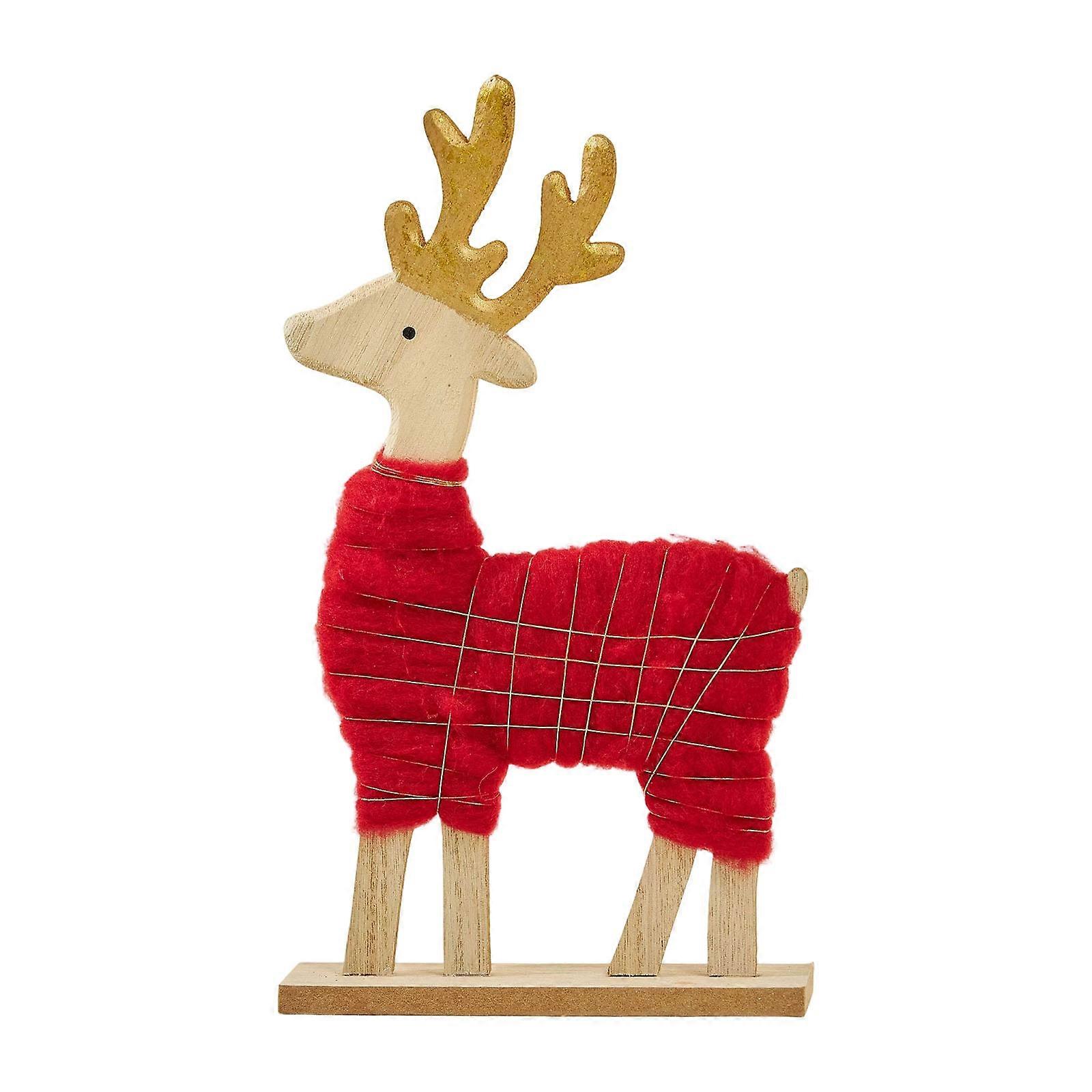 Wool Felt Santa Reindeer Figure Ornament with Wooden Base Christmas Tree Decoration For Mantels Tabletop Shelf Display Multicolor