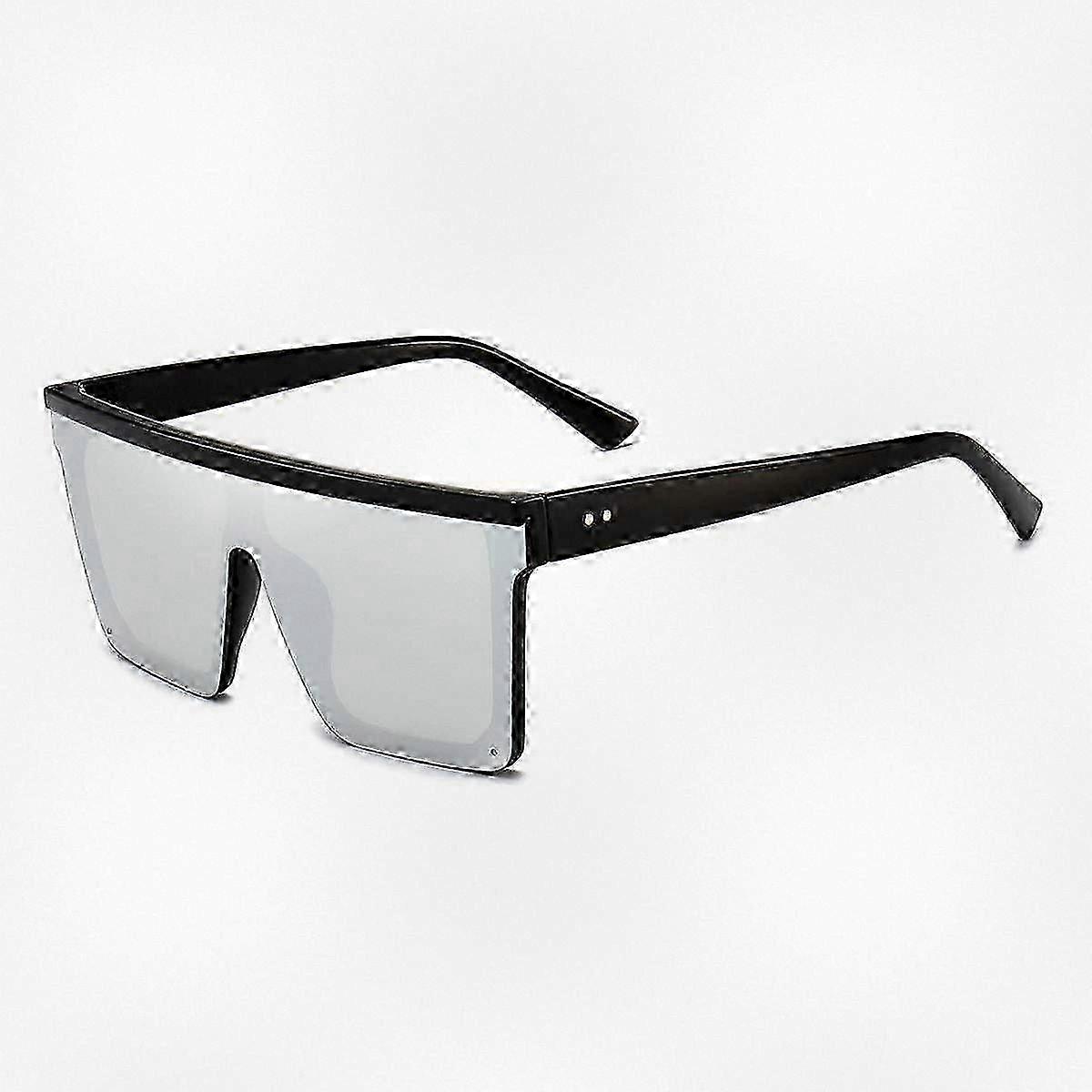 Oversized Square Sonnenbrille für Damen und Herren, Flat Top Large Frame Sonnenbrille mit schwarzem Rahmen und silbernen Spiegelgläsern