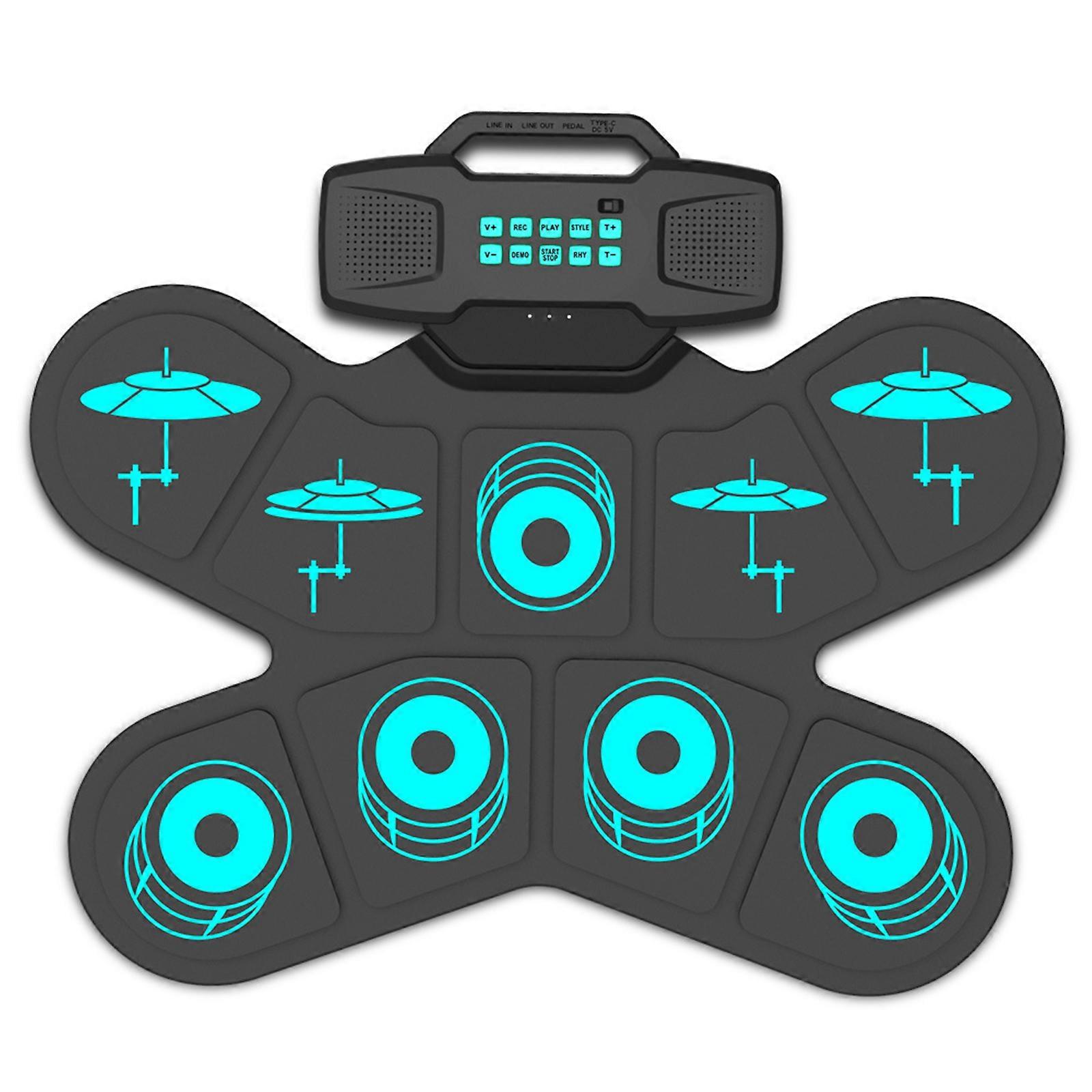 Electronic Drum Pads, 9 Pads Roll-up Practice Drum Set Built-in Speaker and Headphone Jacks, Drum Stick and Drum Pedals Multicolor