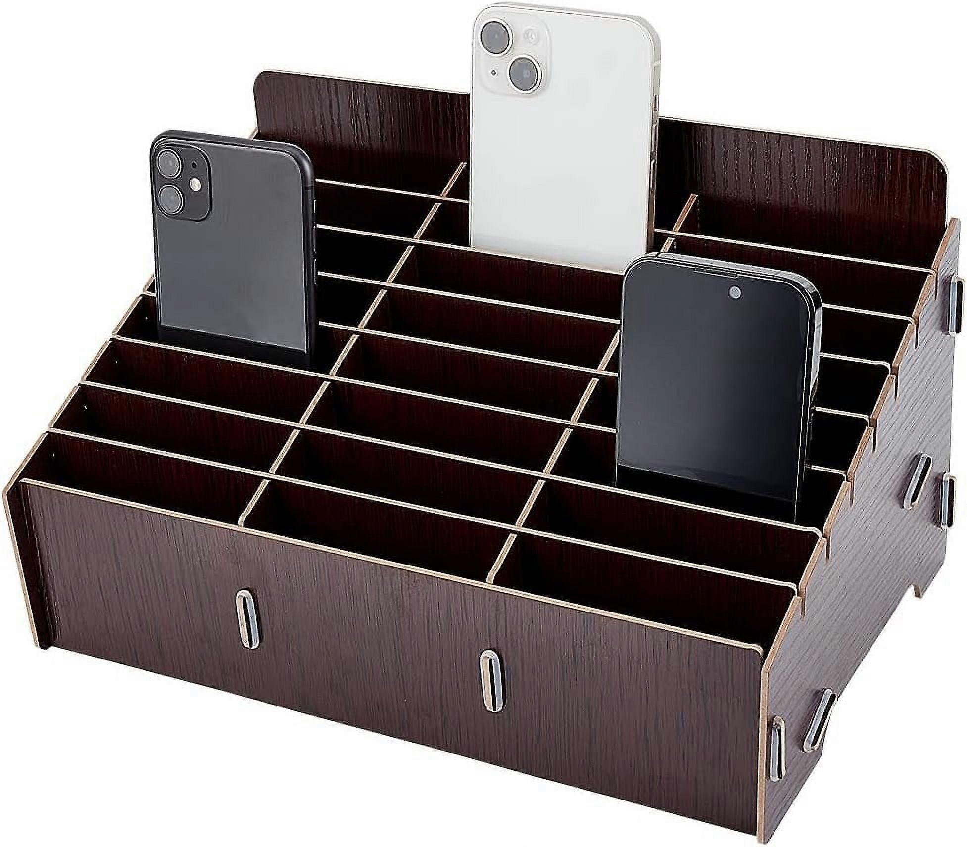 24-Grid Wooden Mobile Phone Management Storage Box Black Cell Phone Storage Box Desktop Organizer Walnut Color DIY
