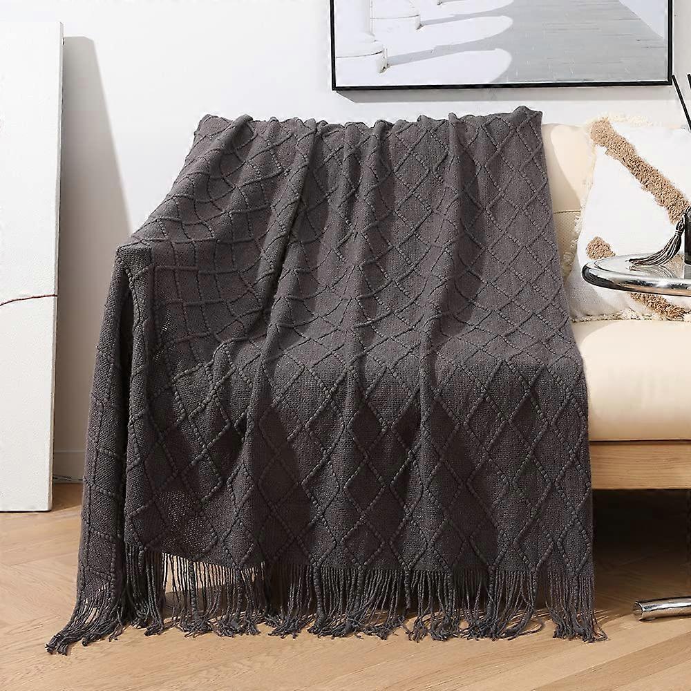 Knitted Blanket, Sofa Blanket, Fringed Thin Blanket, Air Conditioner Blanket, 150 X 230 Cm Dark Gray