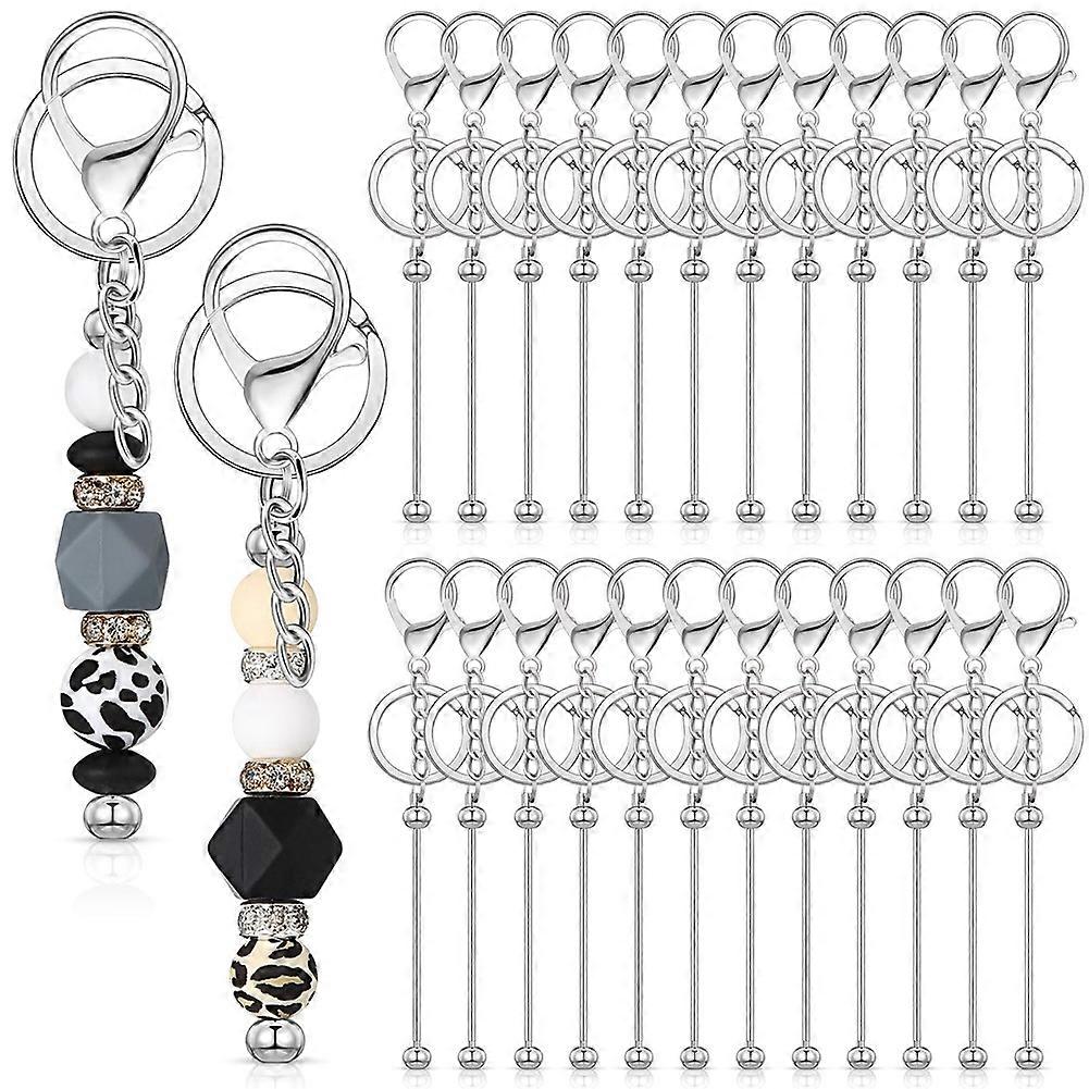 24 Pcs Beadable Keychain Bars Bulk for Beads DIY Blank Keychain Metal Beaded Keychain for Bead Keychain Crafts Silver